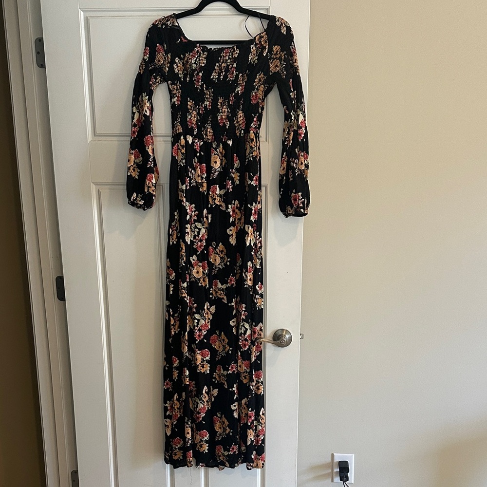Altard State Floral Smocked Long off the shoulder Maxi Dress - Black/Pink Floral